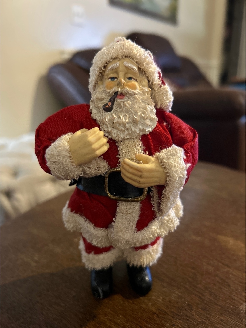 Vintage Santa Claus Figurine with Pipe and Red Velvet Outfit